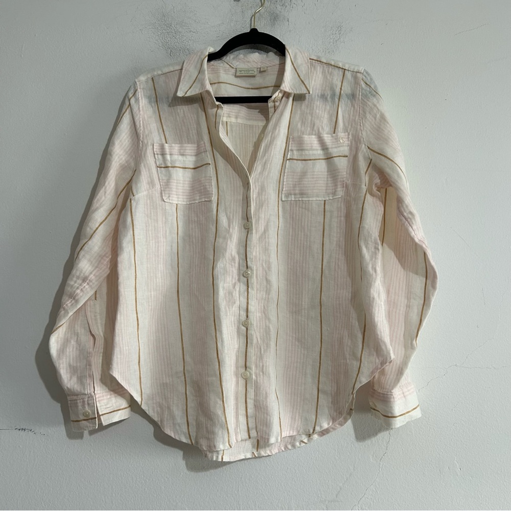 Spartina 449 Striped Linen Neutral Button Down Top Medium Coastal Beach Preppy